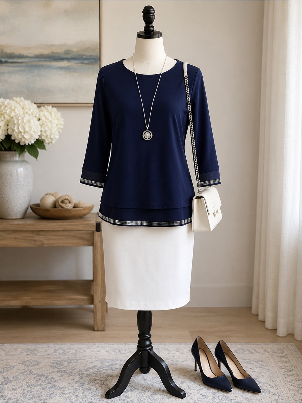 Joseph Ribkoff Women 14 Navy Rhinestone Trim Stretch Tunic Top 3/4 Sleeve
